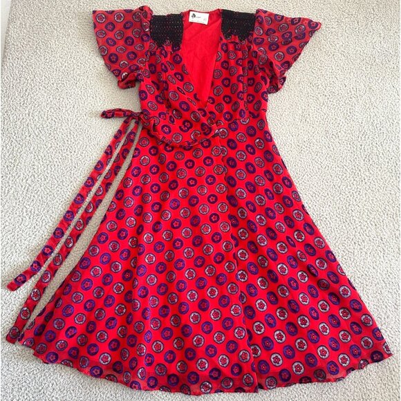 Anthropologie Kopal Adria Flutter Sleeve Wrap Dress Red Velvet Burnout - Picture 1 of 16